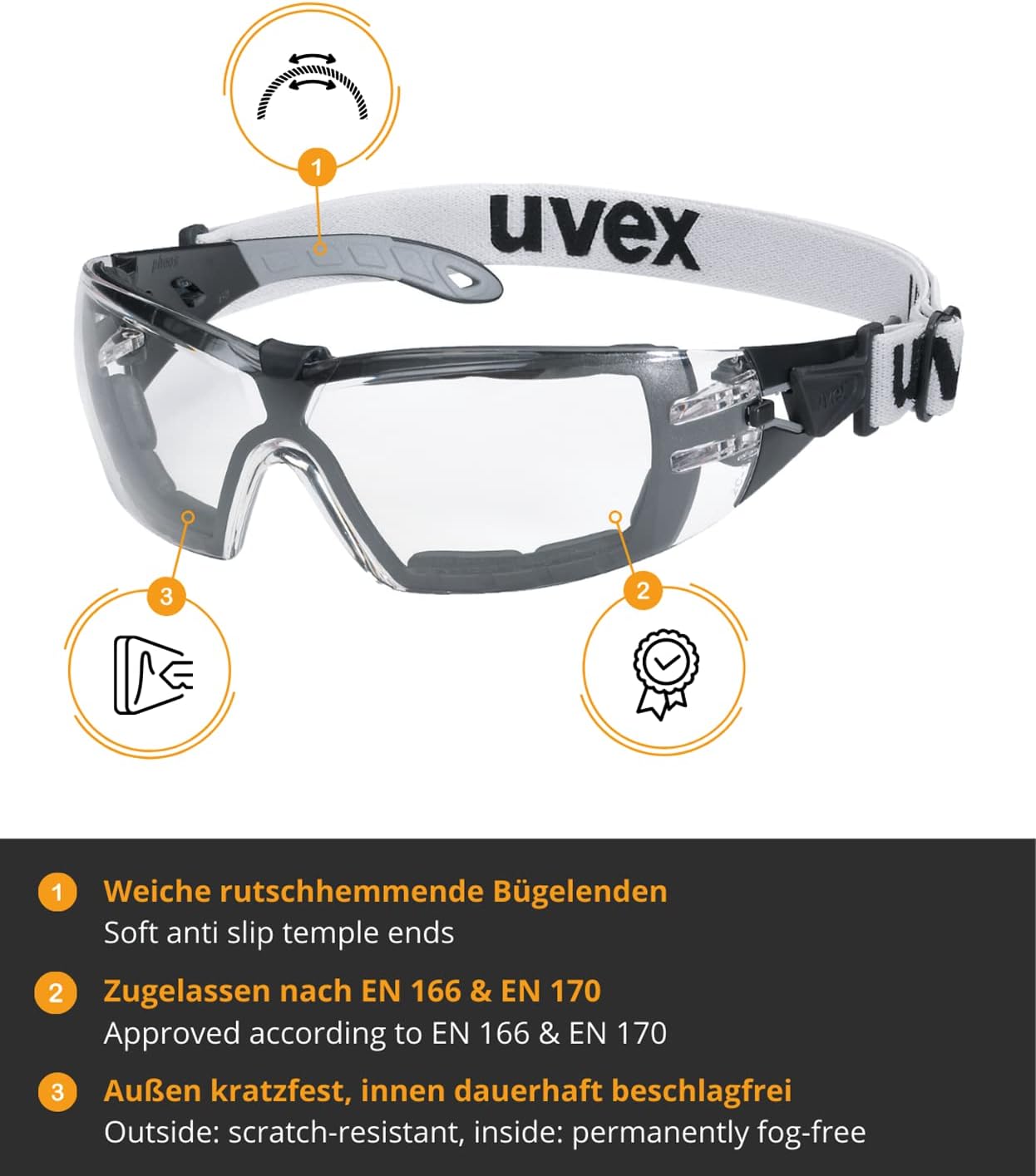 Uvex Pheos Guard 9192180 Safety Glasses with Headband (3 Pcs)